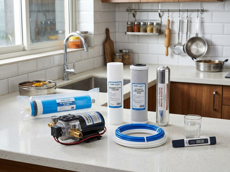 Genuine water purifier replacement filters, RO membrane, booster pump, and digital TDS meter showcase