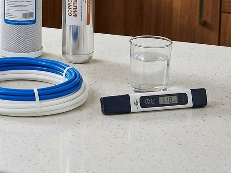 PureGuard technician measuring water purity with calibrated digital TDS pen meter